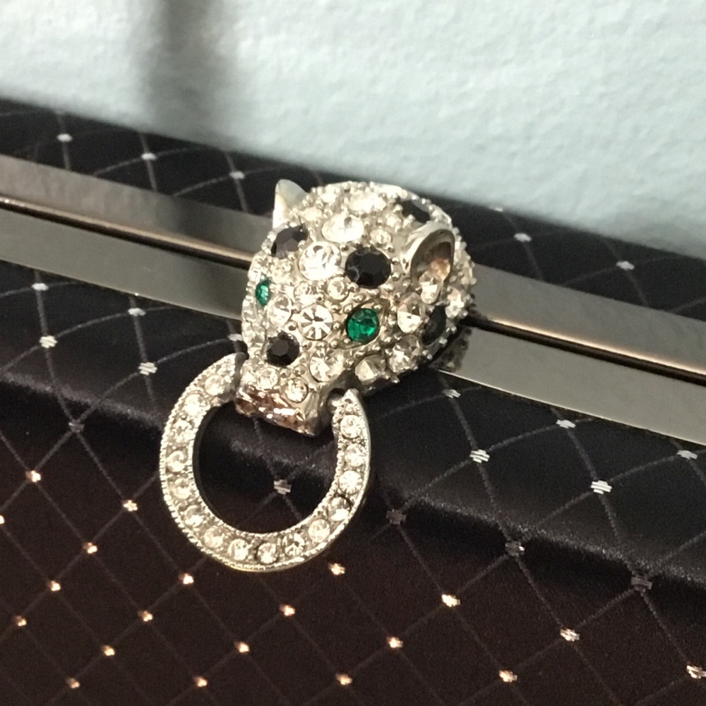 Kenneth Jay Lane Satin Leopard Kiss Clutch Purse - Picture 2 of 8